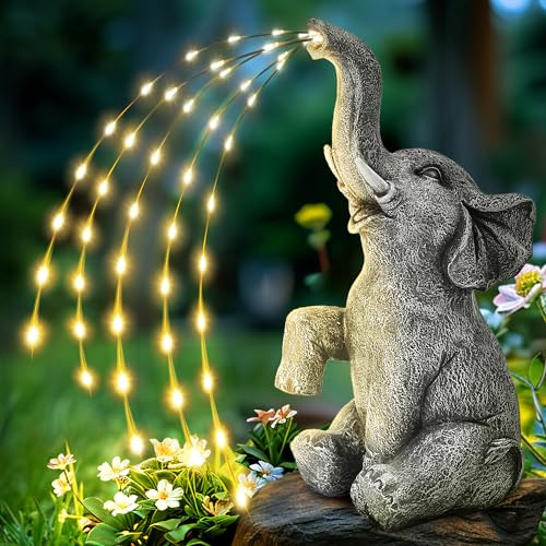 GIGALUMI Aktualisierung Elefanten Statue Gartendeko, Echte Bewässerung Elefant Figur Solar LED Lichter, Geschenk für Mama, Frauen Geburtstagsgeschenke, Elefanten Dekoration für Terrasse(Fließend)