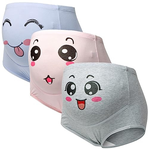 Hornice Damen Umstandsslip 3 Stücke Baumwolle Hohe Taille Elastisch Schwangerschaftsslip Slipshorts Schwangere Unterwäsche Schwangerschafts Panties mit Smiley-Druck