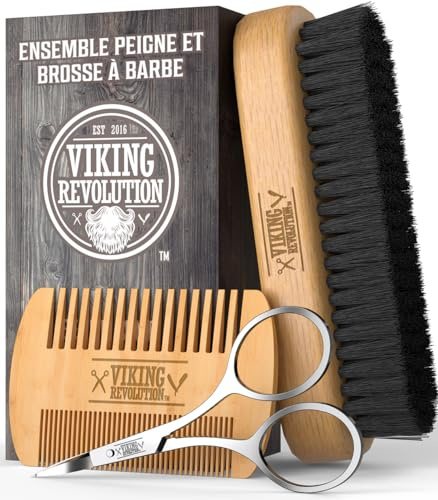Viking Revolution - Bartkamm & Bartbürste Set Für Männer - Natürliche Bart bürste Wildschweinborsten & Dual-action-birnenholzkamm Mit Samt-reiseetui - Geschenke Für Männer