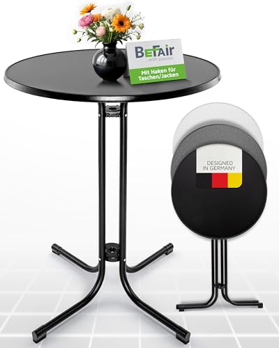 BeFair Stehtisch klappbar Ø80 cm Schwarz Bartisch Bistrotisch | 4 Taschenhaken • wetterbeständig • kratzfeste Tischplatte • Höhe 110 cm • Garten & Party