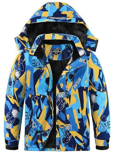 Jungen Skijacken Wasserdichter Wintermantel Fleece Winddichte Snowboardjacke mit abnehmbarer Kapuze