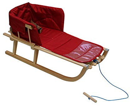 Holzschlitten für Kinder mit Rückenlehne Rodelschlitten Davoser Schlitten aus Holz mit einem Sicherheitsgurt, Rückenlehne und Winterfußsack (Natur/Rot Matratze)
