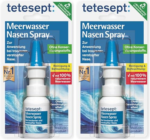 tetesept Meerwasser Nasen Spray – Nasenspray zur Reinigung der verstopften & natürlichen Befeuchtung trockener Nasenschleimhäute – Nasenpflegespray bei Erkältung - 1 x 20 ml (2er Pack)