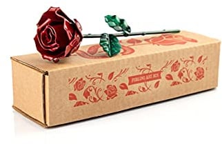 Forging Art Bcn® Ewige Rose aus Schmiedeeisen - Handgeschmiedet - Geschenk zum Muttertag, Valentinstag, Hochzeitstag, Eiserne Hochzeit (Rot/Grün ohne Sockel)
