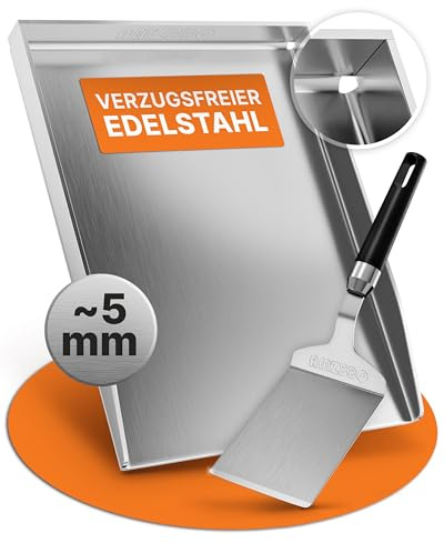 AMZBBQ® Premium Plancha Set - 40 x 30 cm - ca. 5 mm massiver Edelstahl - 20% stärker als herkömmliche Planchas - Grillplatte für Gas & Kohlegrill - Grillzubehör Geschenk für Männer inkl. Grillspachtel