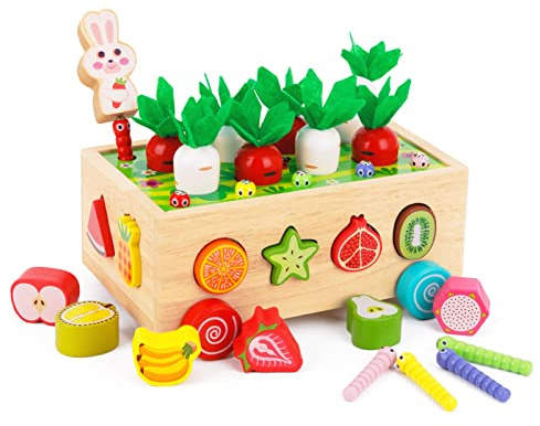 Kinder Montessori Spielzeug ab 1 2 3 Jahr | 7-in-1 Holzspielzeug 2 Jahre | Steckspiel Sortierspiel Holzpuzzle Karottenernte | Lernspielzeug Geschenk für Mädchen Jungen Kinder Kleinkind