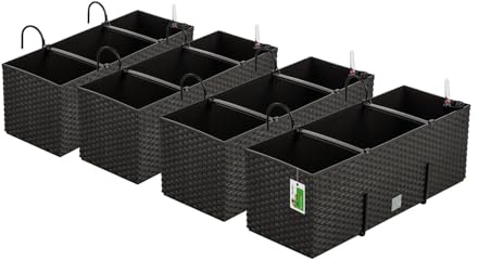 PAFEN 4X Blumenkasten Blumentopf Rattan-Optik mit Halterungen Pflanztopf Wasserstandsanzeiger Balkonkasten Pflanzkästen