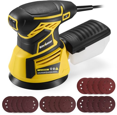 Enventor Exzenterschleifer, 350W, 125mm, 6000–13000 U/min,20 Schleifpapiere | 6 variable Geschwindigkeitsstufen,abnehmbarer Staubbehälter,vibrationsreduziertes Design,Belüftungssystem,4 Körnungen