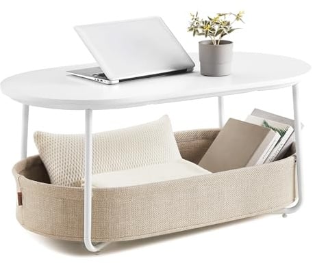 VASAGLE Couchtisch oval, Tisch mit Stauraum, Beistelltisch, Wohnzimmertisch mit Korb aus Stoff, modern, Metallrahmen, mattweiß-Kamelbraun LCT222W10