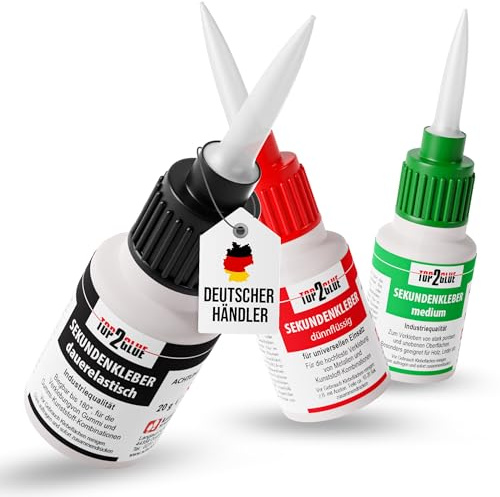 TOP2GLUE Sekundenkleber Set extra stark – 60g – dünnflüssig, mittelviskos, flexibel – Superkleber für Kunststoff, Metall, Holz, Gummi, Leder – Industriequalität – wasserfest & schnell trocknend