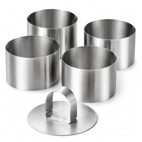 XxinXrong 4 Stück Dessertringe 8cm mit Pushers Edelstahlmaterial | Aus Edelstahl, 8 cm, inkl. Pusher. Für Mousse, Torten, Mini-Kuchen und zum Pressen.