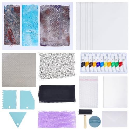 WEBEEDY Gel Druckplatte Set Reticulate Druck Set Enthält 12.7X17.8cm Gelatineplatte Mesh Stoff Druckgrafikpapier Werkzeuge Und Anleitung Für Erwachsene Anfänger