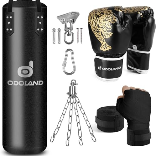 Odoland Boxsack Set Ungefüllt 6 in 1 mit Punchingsäcke 4FT für Erwachsene, 12OZ Boxhandschuhen, Deckenhaken, Kette für Sandsack, Boxen, Kampfsport, Kickboxen, Muay Thai, MMA Training
