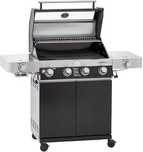 RÖSLE VIDERO G4-S Gasgrill BBQ-Station, Schwarz | Primezone Seitenbrenner, klappbare Seitentische, Vario+-System, pulverbeschichteter Stahl
