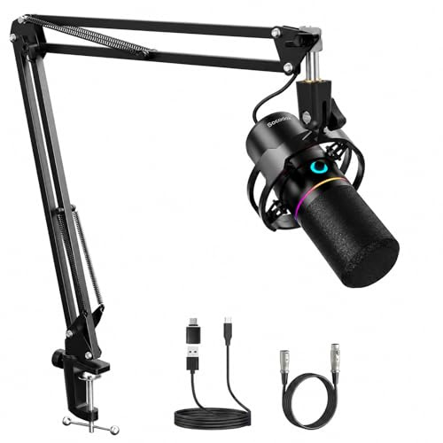 socodox XLR/USB Gaming Mikrofon mit Arm für Streaming | Dynamisches Mikrofon mit One Touch Stummschaltung, Verstärkungsregelung, Kopfhöreranschluss und RGB-Beleuchtung für Podcasts