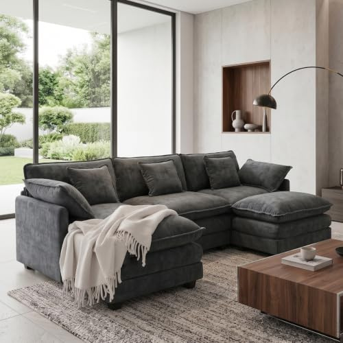 Urhanherry U-Form Cloud Sofa, Modulares Sektionssofa 5-Sitzer mit 2 Ottomanen, Modernes Sofa mit Armlehnen/Dekokissen, Atmungsaktivem Chenille-Stoff, U Sofa Couch für Wohnzimmer, Dunkelgrau