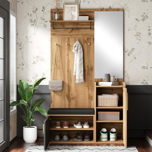 Juabett Kompaktgarderobe mit Spiegel und Sitzbank, Flurgarderoben mit Schuhschrank & Kleiderhaken, Flur Garderobe Set mit Regal & Haken,Flurmöbel Garderobenständer Flurschrank 100x38x185 cm/Holzoptik