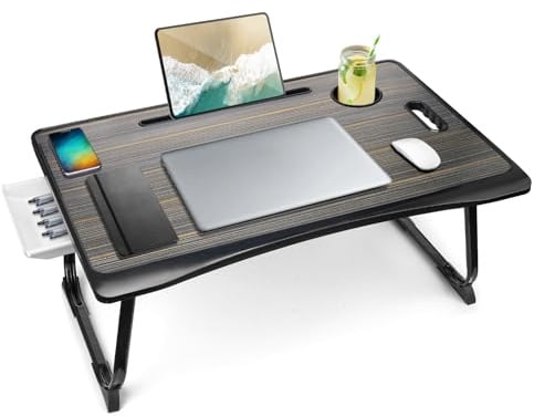 Amaredom Laptoptisch Klappbar Lapdesk mit Schublade Tassenhalter 60 x 40 cm | Robustes Weißeiche Holz, Integrierte Schublade, Stabiler Getränkehalter, Bequemes Bett Frühstück, Ergonomischer Sofatisch