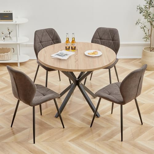 HJhomeheart Esstisch und Stuhlset, 100 cm Runder Esstisch und 4 Moderne Leinenstühle, für Esszimmer, Küche, Wohnzimmer (Helle + Schwarz)