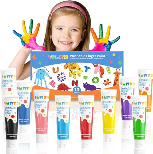 Funto Ungiftige Fingerfarben für Kinder ab 1 Jahr, 10 × 60 ml, auswaschbar | Die cremigen Fingerfarben lassen sich leicht verteilen und machen erste Farbexperimente mit Händen und Papier spielerisch.