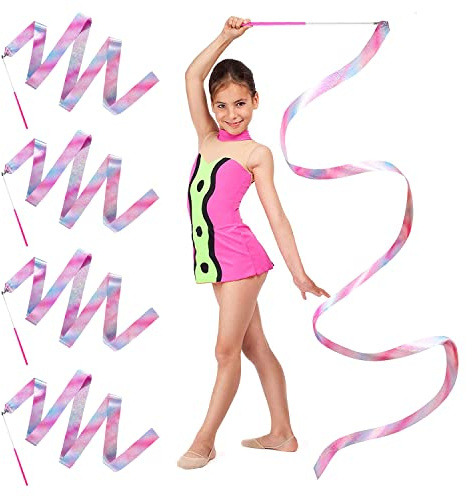 SANOU Gymnastikband mit Stab Tanzbänder 4Stk Sportgymnastik Band 2M Regenbogen Schwungband Tanzen Streamer für Mädchen Kinder Kunsttänze Training Zirkus