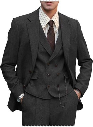 Herren formelle Tweed-Wolle, 3-teilig, Hochzeit, schmale Passform, Anzug, Abschlussball, Smoking, Trauzeugen, Schwarz, XL