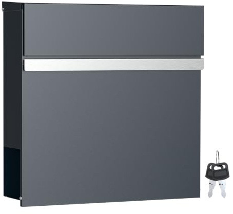 Wiltec Designer Briefkasten V50 Anthrazit und Edelstahl 370 x 105 x 370 mm, Wandbriefkasten mit Schloss, Sichtfenstern, Zeitungsrolle, Postkasten aus galvanisiertem Stahl