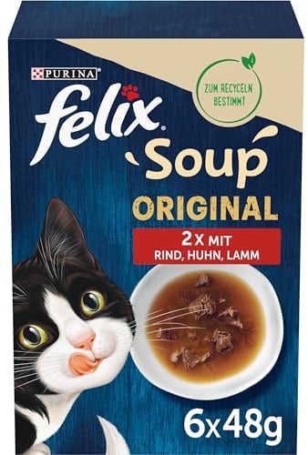 Felix Katzennassfutter Soup Geschmacksvielfalt vom Land mit Rind, Huhn, Lamm, 8er Pack (8 x 6 Beutel à 48g)