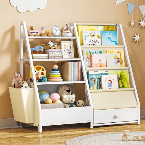 Quikraen Bücherregal Kinder, Kinderregal, Weiß, 83.5x30x75 cm | mit 4 Ablagen und 3 offene Fächer, Spielzeugregal, mit Seitentasche, für Kinderzimmer