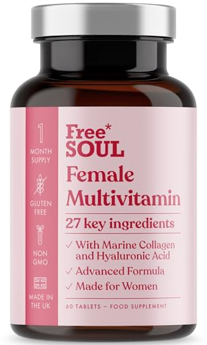 Multivitamin für Frauen mit Meereskollagen & Hyaluronsäure – 27 essentielle Vitamine, Mineralien & Pflanzenextrakte – Glutenfrei & Ohne synthetische Füllstoffe – 60 Tabletten – Free Soul