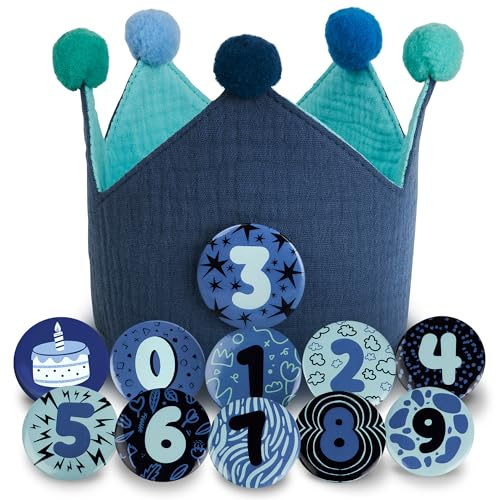 Juicy Bumbles Geburtstagskrone Mädchen - 0-9 Auswechselbaren den Zahlen Geburtstagskrone Junge - Musselin Krone Geburtstag Junge - Wiederverwendbare Geburtstagskrone Kinder (Blau und Türkis)