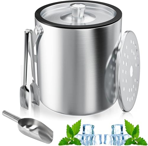 Eiswürfelbehälter, 2L Eisbehälter rund mit Sieb und Eiszange, Eiswürfelbehälte, Edelstahl Eisbehälter, Eiskübel mit Schaufel, Doppelwandiger Lsolierter Eiseimer, zum Kühlen von Bier Champagner Wein