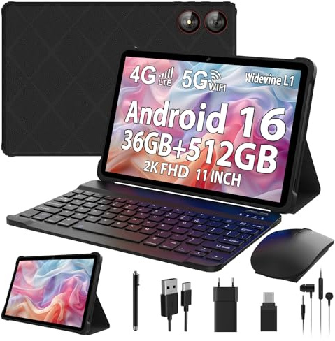 PIXGOOD 2026 Android 16 Tablet 11 Zoll, 36GB RAM+512GB ROM, SIM 4G & 5G WiFi, Octa Core, 13MP+8MP, 2000 * 1200/WidevineL1/8000mAh/BT5.0/OTG/GPS-Tablet mit Tastatur (Zoll, 11, Schwarz-1)