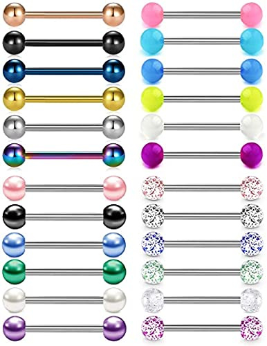 Rajnard Zungenpiercing Brustwarzenpiercing Mixfarben 14G Chirurgischer Stahl mit Zirkon Glitter Ball Leuchtperle Piercing Schmuck Frauen Mädchen