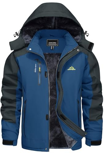 KEFITEVD Winterjacke Herren Skijacke Wasserdicht Warm Gefüttert Outdoorjacke mit Abnehmbarer Kapuze Softshell Winter Fleecejacke