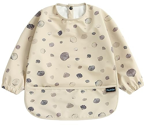 PewinGo Lätzchen zum Abstillen mit Langen Ärmeln & BLW, Weiches und Hautfreundliches Material, Lätzchen zum Stillen, Wasserdicht und Leicht zu Reinigen & Maschinenwaschbar, für Baby(Beige)