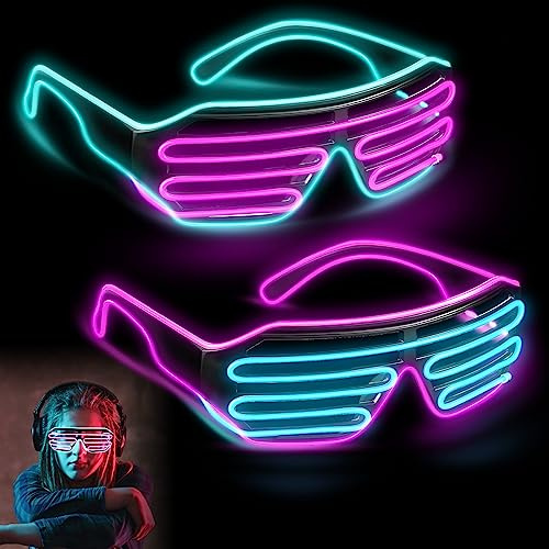 LED Brille Party, Neon Rave Glasses, 2 Stücks LED Glasses, Partybrille Leuchten Mit 4 Blitzmodi, Partybrille Im Shutter-Stil - Mit El-Kabel Für Cosplay, Club, Halloween, Rave Party (Blau - Rosa)
