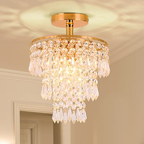 FRIXCHUR Mini Größe Kristall Kronleuchter Moderne Unterputz Deckenleuchte 3-Stufen Regentropfen Kristall Anhänger Beleuchtung Dekoration für Schlafzimmer Flur Wohnzimmer, E26 Basis, Gold