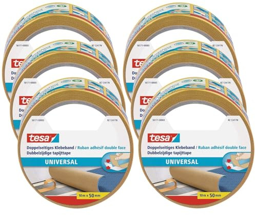 tesa Doppelseitiges Klebeband Universal im 6er Pack - Vielseitiges Klebeband für Verpackungen, Deko und Teppiche oder zum Basteln - 6 Rollen je 10 m