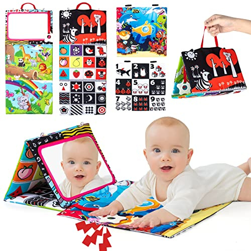 Auney Baby Spielzeug 0-9 Monate, Faltbarer Baby Spiegel Spielzeug mit Knisterbuch Entwickelt, Kleinkinderziehung und Kognitives Spielzeug Lernspielzeug Babyspielzeug für Neugeborenes Kleinkinder