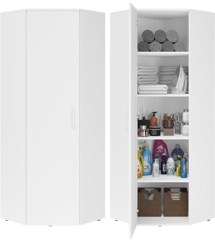 Bellamio Apol Eckschrank weiß – großer Mehrzweckschrank – Allzweckschrank aus Holz – Haushaltsschrank mit 5 Fächern – Aktenschrank für Flur/Küche/Büro – Putzschrank – Aufbewahrungsschrank