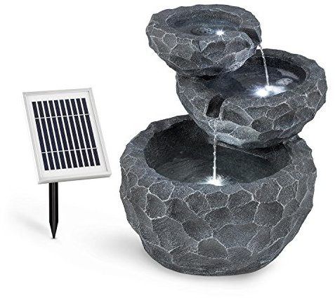 blumfeldt Murach Gartenbrunnen Kaskadenbrunnen Zimmerbrunnen (Akkubetrieb, 2 Watt Solarpanel, 3 LEDs zur Beleuchtung) grau