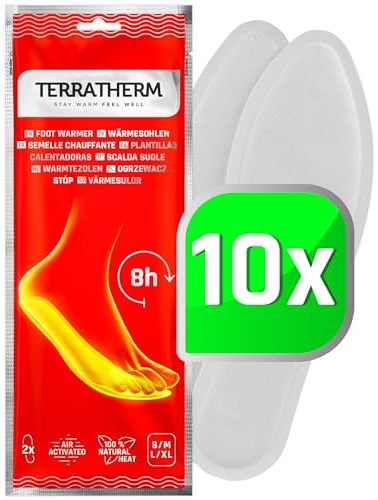 TerraTherm Wärmesohlen luftaktiviert – 8h warme Füße – 5, 10 oder 30 Paar Sohlenwärmer – 100% natürliche Wärme – wärmende Schuheinlagen - 10 Paar M