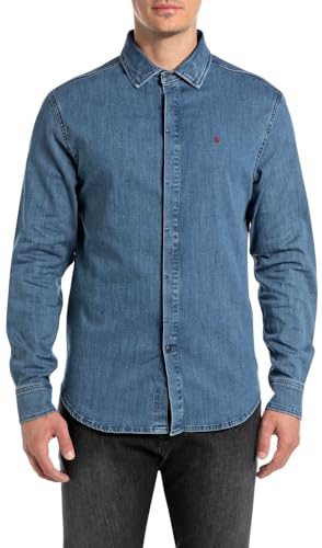 Replay Herren Jeanshemd Langarm aus Baumwollmix, Blau (Medium Blue 009), 3XL
