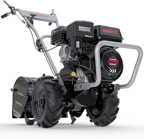 ONBEST Gartenfräse Benzin 7 PS – 48 cm Arbeitsbreite, 12 Messer | 4-Takt Motor, 4,1 kW, 175–350 mm Arbeitstiefe – Gartenhacke und Kultivator für Bodenbearbeitung im Garten