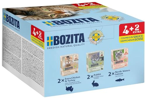 Bozita Tetra Probierpaket in Sauce mit viel Huhn & Pute, Kaninchen, Lachs - 4+2-6x370g Getreide- & zuckerfreies Premium-Katzenfutter, ohne Gentechnik, mit 7,5% Protein und 5% Fettgehalt