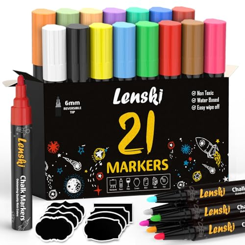 Lenski 21 Kreidestifte für Tafel Abwaschbar, Kreidestifte für Fenster 6mm Einschulung Mädchen, Schultüte Füllung Kreidemarker Fensterstifte Fenstermalstifte Tafelstifte Fensterkreide Whiteboard Marker