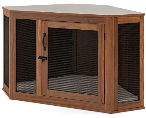 COSTWAY Hundehütte Eck, Hundebox mit Tür & Kissen, Haustierkiste Möbelstil für kleine Hunde Katze Haustier, Tierkäfig Hundekäfig Hundehaus Haustierhaus Zuhause Innen, Braun, 114 x 60 x 68 cm