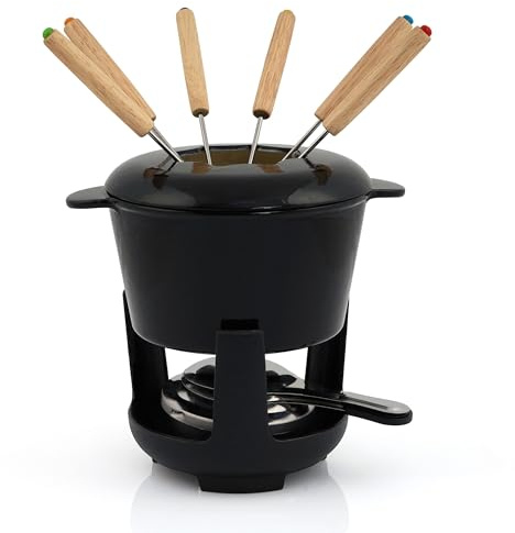 BBQ-Toro Gusseisen Fondue Set für 6 Personen | 1 Liter | Fondueset 13 teilig mit Brenner und Gabeln | Fondue-Set, Käsefondue Set, Fleischfondue Set, Schokofondue Set (schwarz/Creme emailliert)