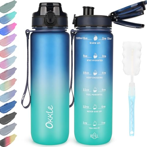 OKKLE Trinkflasche 1L BPA freie Wasserflasche mit Verschlussdeckel und auslaufsicher, geeignet für Fitnessstudio, Schule, Radfahren, Outdoor, Sport, Fitness